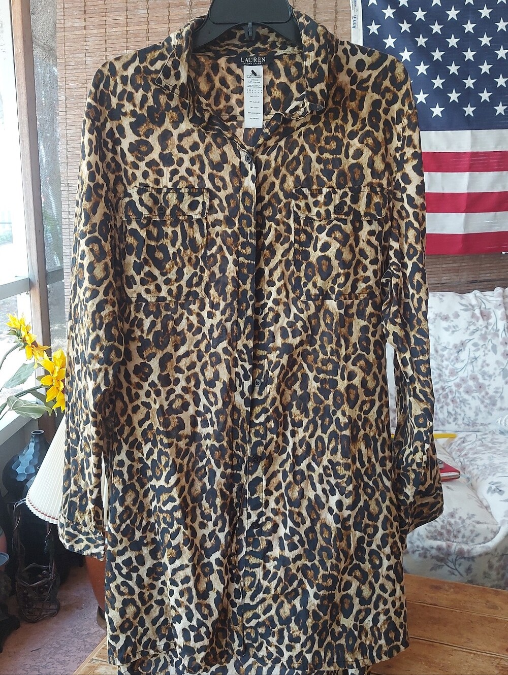 Lauren Ralph Lauren Leopard Print Button Up Tunic BrownBlack size XL 100% Cotton